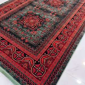 فرش لاکی سبز طرح ترکمن ابریشم گونه