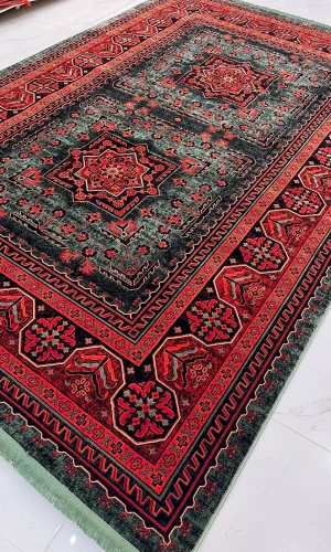فرش لاکی سبز طرح ترکمن ابریشم گونه