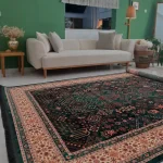 فرش وینتیج سبز با حاشیه کرم
